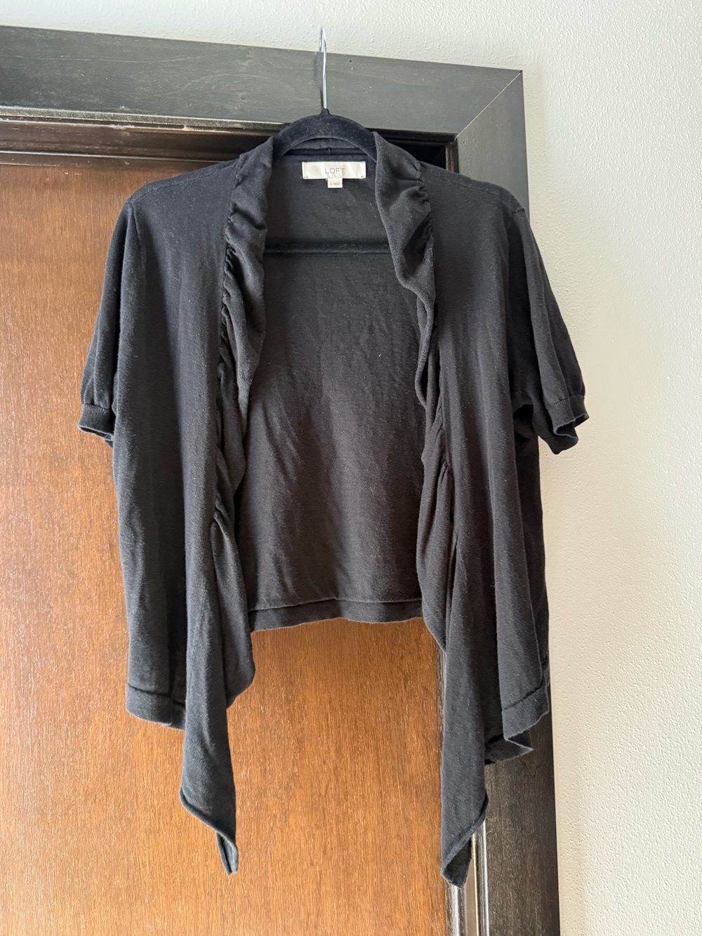 LOFT Waterfall Cardigan Women’s L Black Linen Cotton Short Sleeve